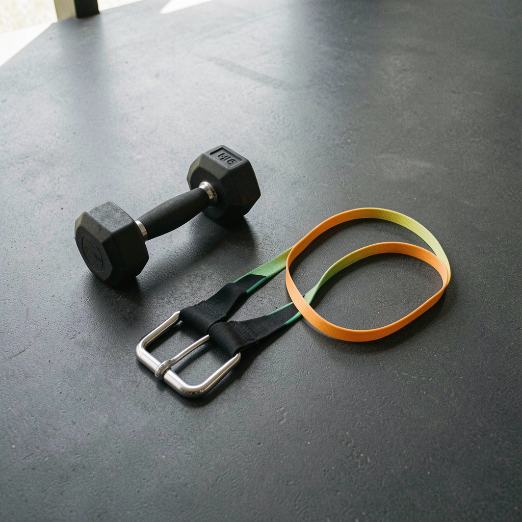 Weights and resistance band arranged on a clean gym floor, editorial flat lay with natural side lighting