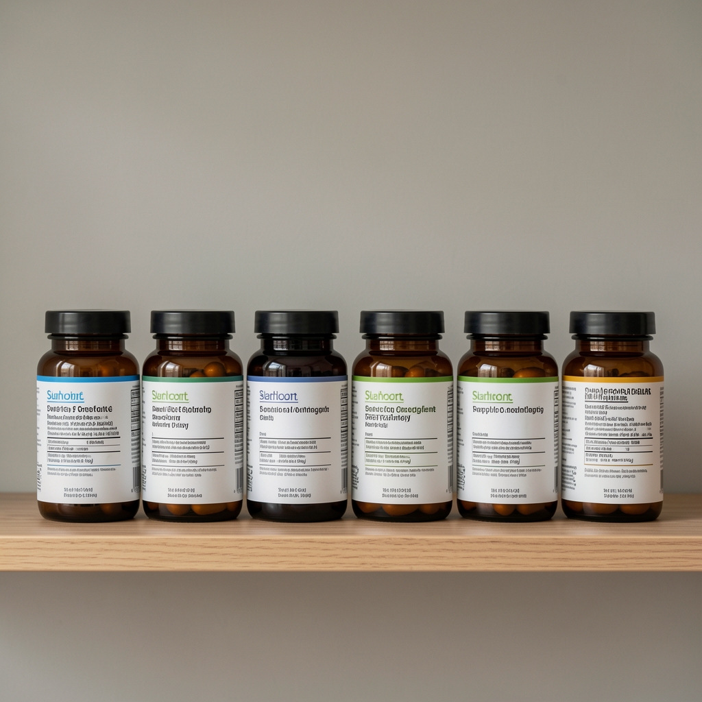 Supplement labels arranged on a shelf, editorial composition with neutral background